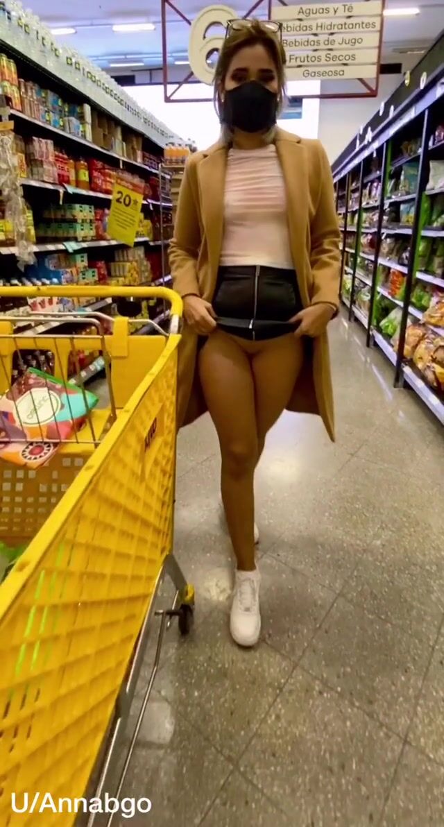 Giving you a big mask smile while flash boobies-pussy at supermarket