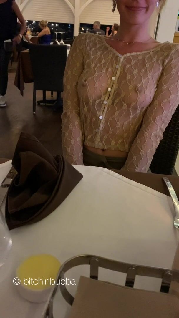 Sheer and braless top at the dinner date