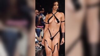 Nude on Stage: Model on stage with stripes cover tits and ass #2